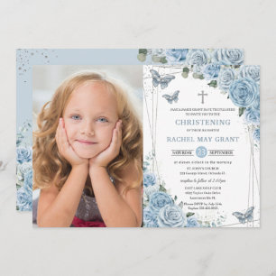 Baby Blue Floral Butterflies Christening Baptisse Einladung