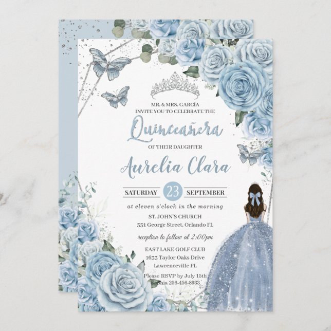 Baby Blue Floral Butterflies Princess QUINCEAÑERA Einladung (Vorne/Hinten)