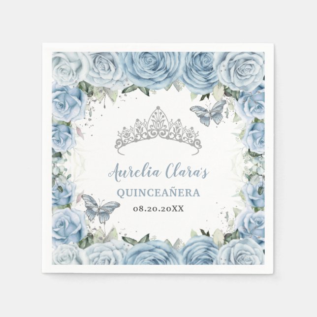 Baby Blue Floral Butterflies Tiara QUINCEAÑERA Serviette (Vorderseite)