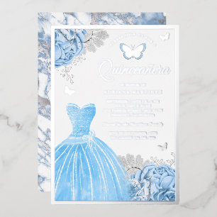 Baby Blue Floral Butterfly Quinceanera Silver Folieneinladung