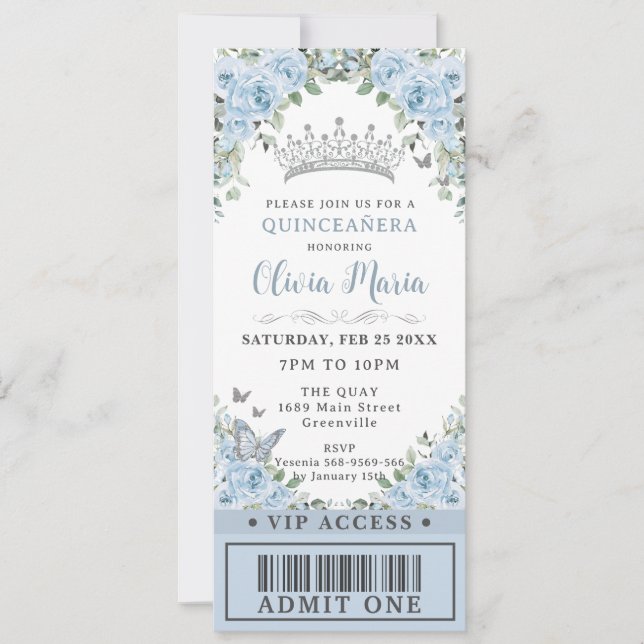 Baby Blue Floral Butterfly Quinceañera VIP Ticket Einladung (Vorderseite)