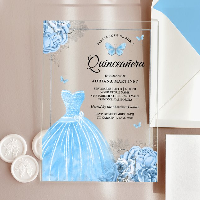 Baby Blue Floral Butterfly Silver Quinceanera Acryleinladungen (Von Creator hochgeladen)