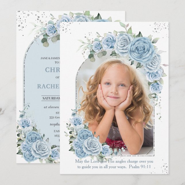 Baby Blue Floral Christening Taufe Foto Arch Einladung (Vorne/Hinten)