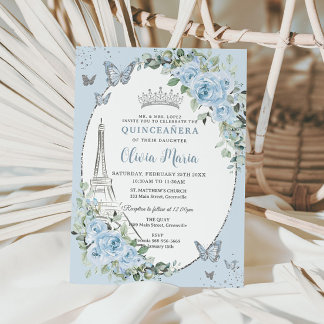 Baby Blue Floral Eiffel Butterflies Quinceañera Einladung