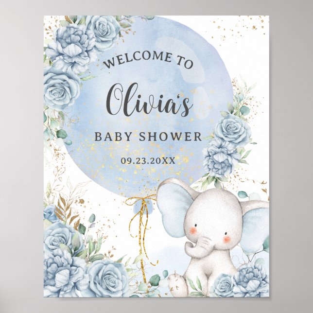 Baby Blue Floral Elephant Boy Baby Shower Poster (Vorne)