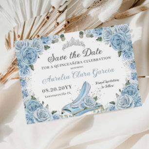 Baby Blue Floral Glass Shoe Quinceañera Sweet 16 Save The Date