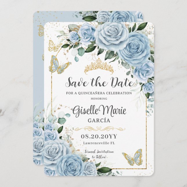 Baby Blue Floral Gold Quinceañera Butterflies Arch Save The Date (Vorne/Hinten)