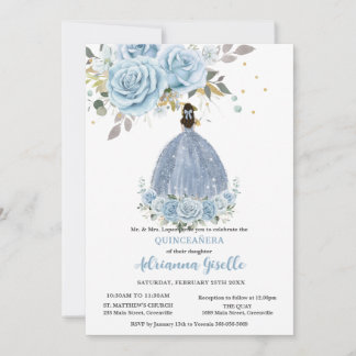 Baby Blue Floral Gold Quinceañera Princess Dress Einladung