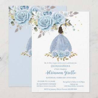 Baby Blue Floral Gold Quinceanera Princess Girl Einladung