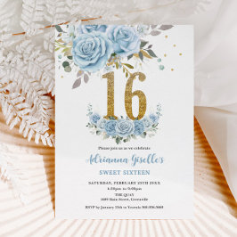 Baby Blue Floral Gold Sweet 16 Sechzehn Geburtstag Einladung