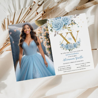 Baby Blue Floral Gold XV Quinceañera Quince Foto Einladung