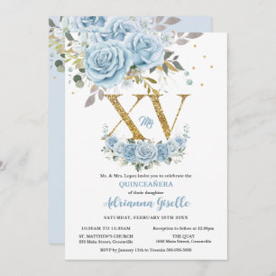 Baby Blue Floral Gold XV Quinceñera Quince 15 Einladung
