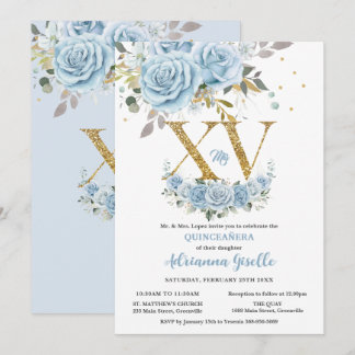 Baby Blue Floral Gold XV Quinceñera Quince 15 Einladung