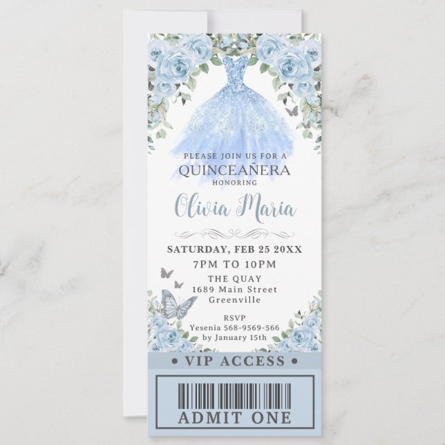 Baby Blue Floral Goress Quinceañera VIP Ticket Einladung (Vorderseite)