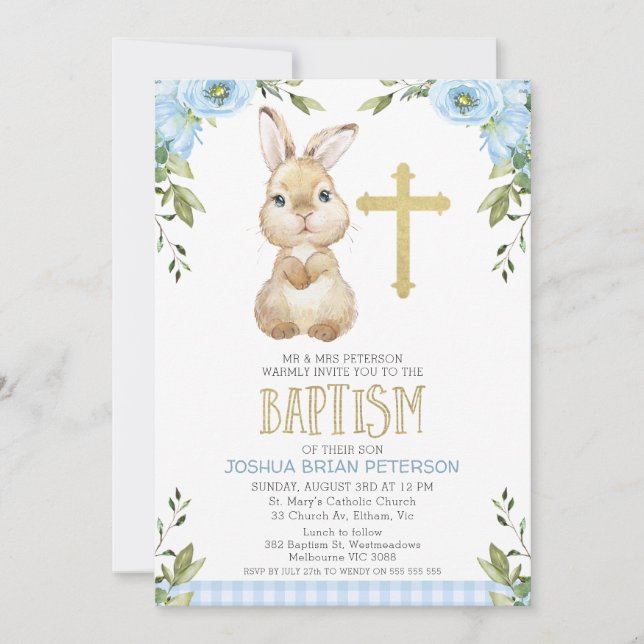 Baby Blue Floral Kariert Bunny Rabbit Taufe Einladung (Vorderseite)