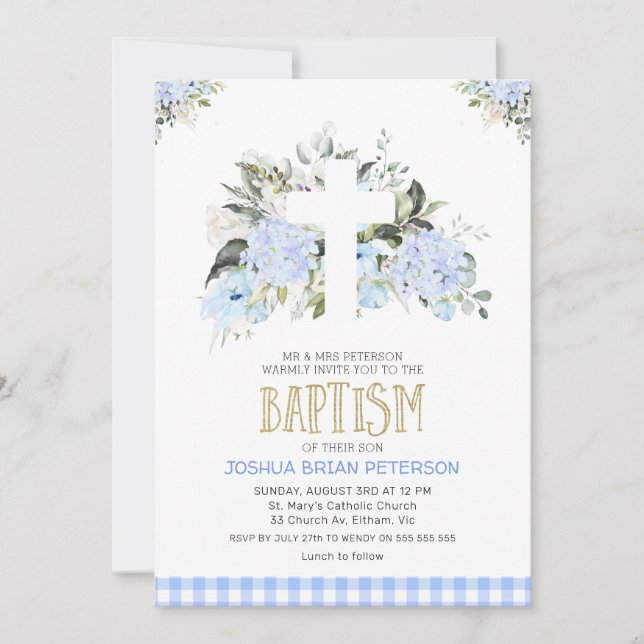Baby Blue Floral Kariert Cross Taufen Einladung (Vorderseite)