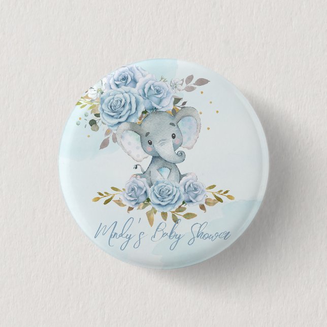 Baby Blue Floral Niedlich Elephant Boy Baby Dusche Button (Vorderseite)