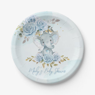 Baby Blue Floral Niedlich Elephant Boy Baby Dusche Pappteller