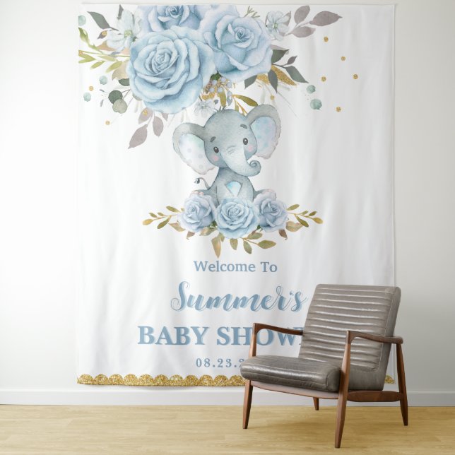 Baby Blue Floral Niedlich Elephant Boy Baby Dusche Wandteppich (Beispiel)