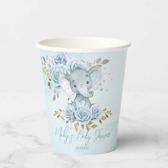 Baby Blue Floral Niedlich Elephant Boy Baby Shower Pappbecher (Vorderseite)
