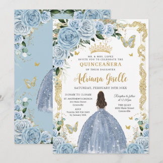 Baby Blue Floral Princess Dress Gold Quinceanera Einladung