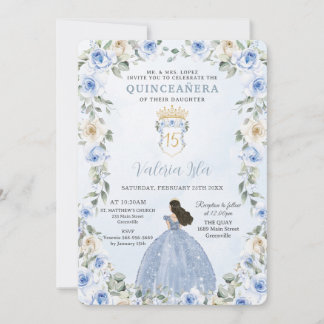 Baby Blue Floral Princess Dress Gold Quinceañera Einladung