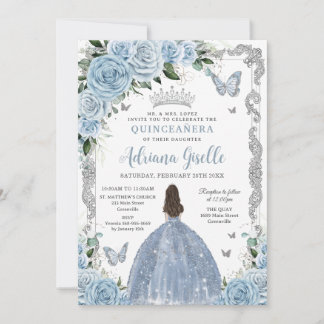 Baby Blue Floral Princess Dress Silver Quinceanera Einladung