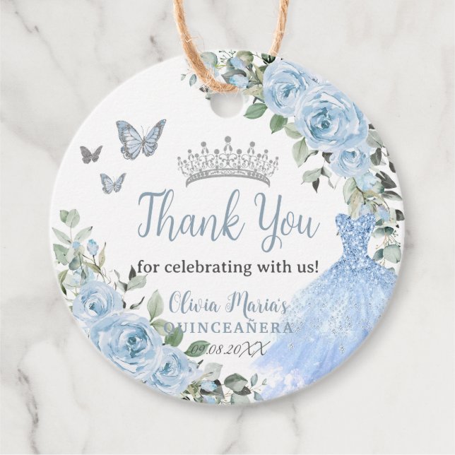 Baby Blue Floral Princess Dress Silver Quinceañera Geschenkanhänger (Vorderseite)