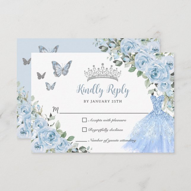 Baby Blue Floral Princess Dress Silver Quinceañera RSVP Karte (Vorne/Hinten)