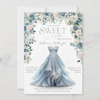 Baby Blue Floral Princess Dress Sweet 16 Sechzehn Einladung