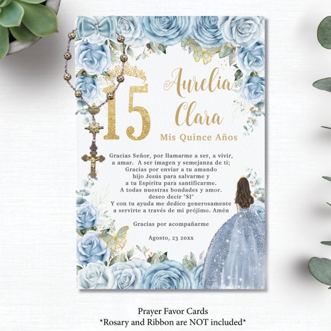 Baby Blue Floral Princess Quinceañera Gebet Card Begleitkarte (baby blue roses floral gold 15 XV princess dress quinceanera rosary prayer card favors printed)