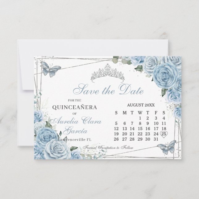 Baby Blue Floral Quinceanera Sweet 16 Calendar Save The Date (Vorderseite)