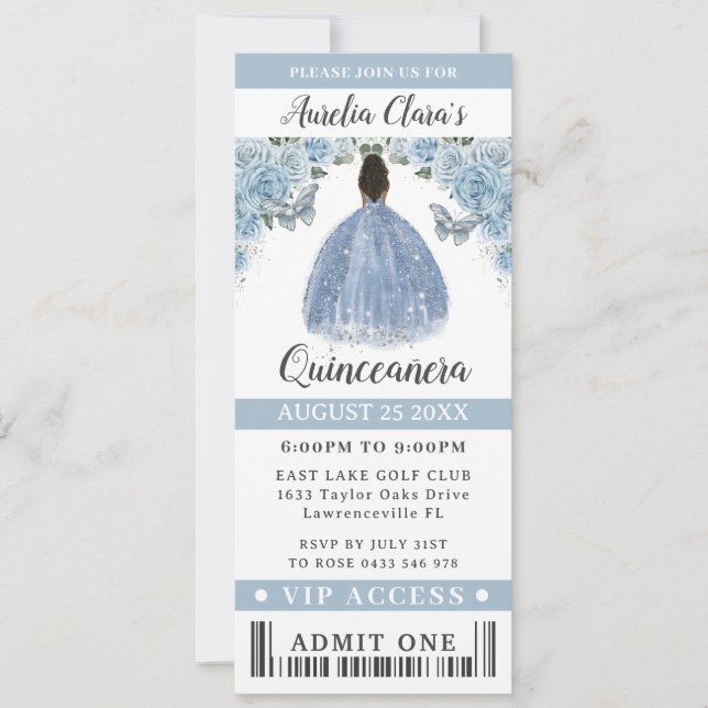 Baby Blue Floral Quinceanera Sweet 16 VIP Ticket Einladung (Vorderseite)