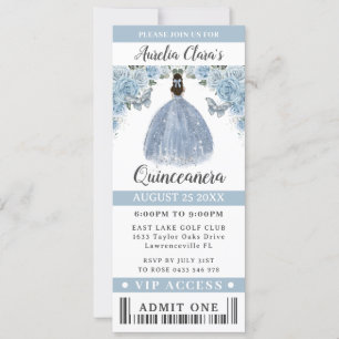 Baby Blue Floral Quinceañera Sweet 16 VIP Ticket Einladung