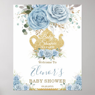 Baby Blue Floral Rose Baby Dusche Hoch Tee Party Poster