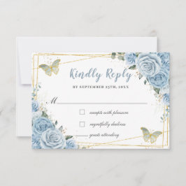 Baby Blue Floral Rose Gold Quinceñera Butterfly RSVP Karte