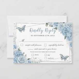 Baby Blue Floral Rose Quinceañera Butterfly RSVP Karte