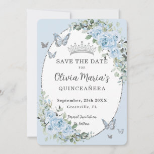 Baby Blue Floral Silver Butterfells Quinceañera Save The Date