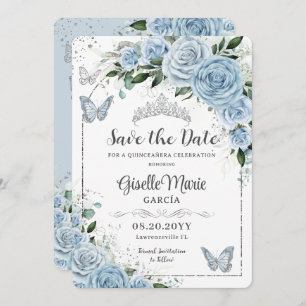 Baby Blue Floral Silver Quinceañera Butterfliegen Save The Date