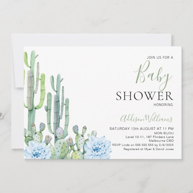 Baby Blue Floral Succulents Cactus Baby Shower Einladung (Vorderseite)