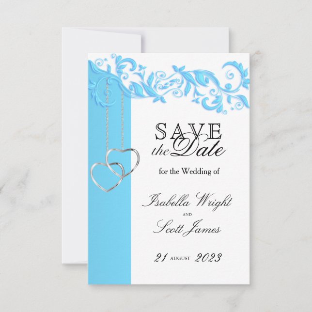 Baby Blue Floral Swirl and White - Save the Date (Vorderseite)