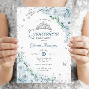 Baby Blue Floral Watercolor Rose Quinceanera Einladung