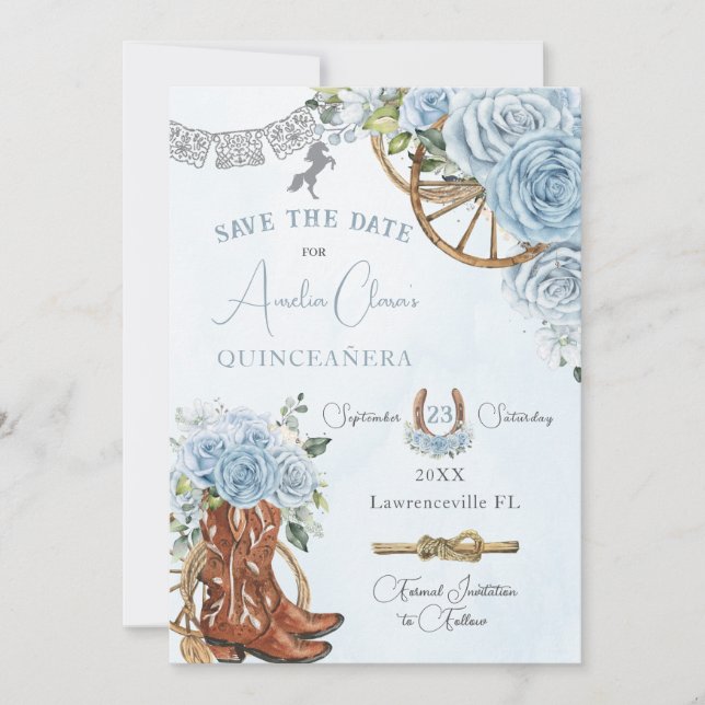 Baby Blue Floral Wild West Charro Quinceanera XV Save The Date (Vorderseite)