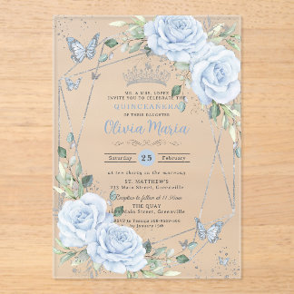 Baby Blue Florale Butterflies Silber Quinceanera Acryleinladungen