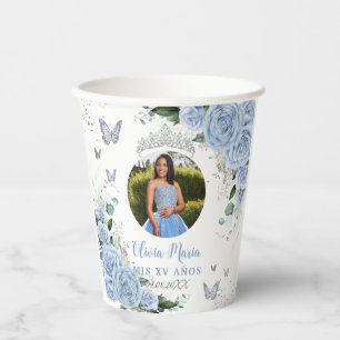 Baby Blue Florale Quinceañera Sweet 16 Foto Pappbecher