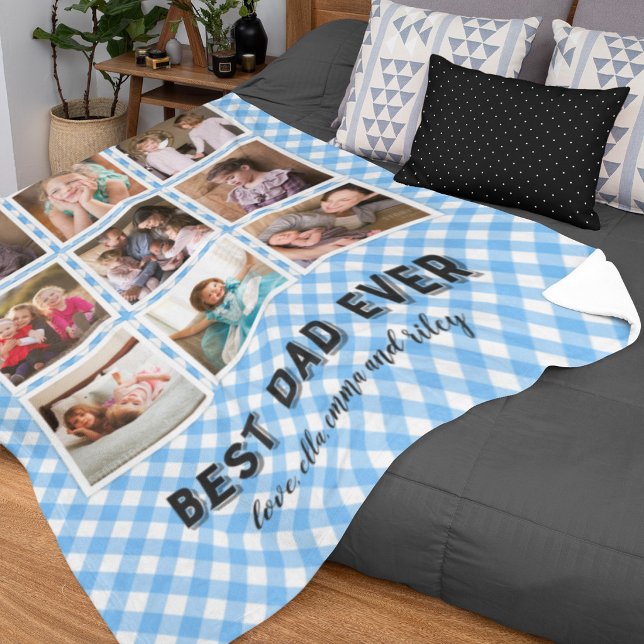 Baby Blue Gingham Bester Vater je Foto Collage Fleecedecke (Von Creator hochgeladen)