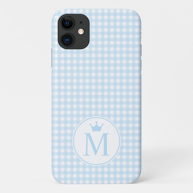 Baby Blue Gingham mit Blue Crown Monogram. Case-Mate iPhone Hülle (Rückseite)