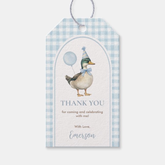 Baby Blue Gingham One Lucky Duck Balloon Birthday Geschenkanhänger (Vorderseite)