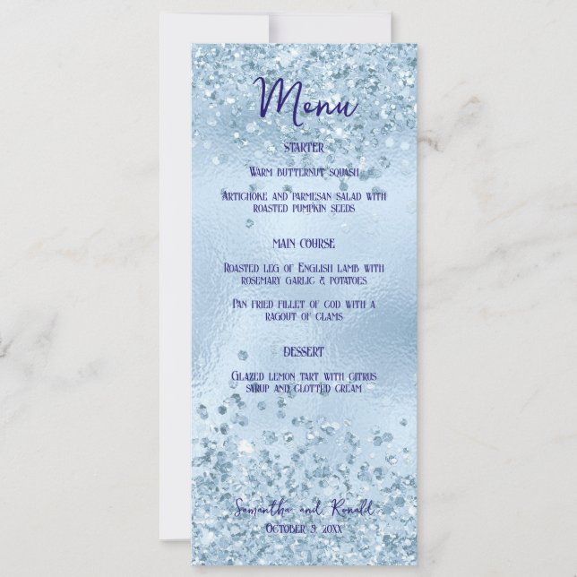 Baby Blue Glitzer & Foil Dinner Menu Card Einladung (Vorderseite)