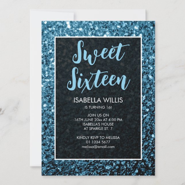 Baby blue Glitzern Sweet 16 elegante Schrift Einladung (Vorderseite)